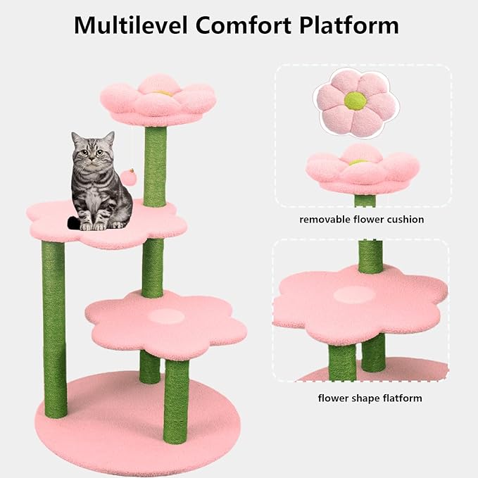 40" Flora Cat Tree – Fresh Floral Design with Removable Cozy Perch, Sisal Scratching Posts | Multi-Level Safe Climbing Furniture for Cats (Pink)