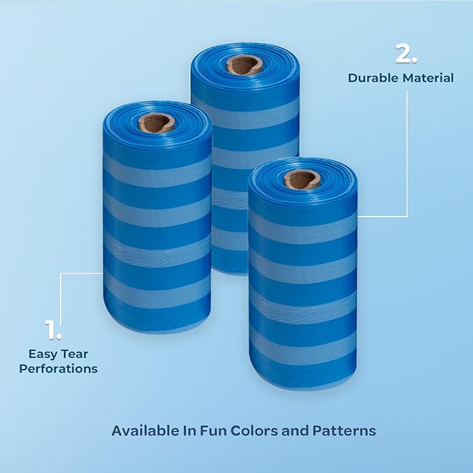 Best Pet Supplies Dog Poop Bags (150 Bags) for Waste Refuse Cleanup, Doggy Roll Replacements for Outdoor Puppy Walking and Travel, Leak Proof and Tear Resistant, Thick Plastic - Blue Strips