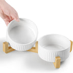 Non-Slip Ceramic Dog Bowls with Wooden Stand,8" Dog Food and Water Bowl Set with Silicone Base, 64 OZ/8 Cups Weighted Flip-Proof Pet Feeding Bowl for Small Dogs and Cats (Large,White)