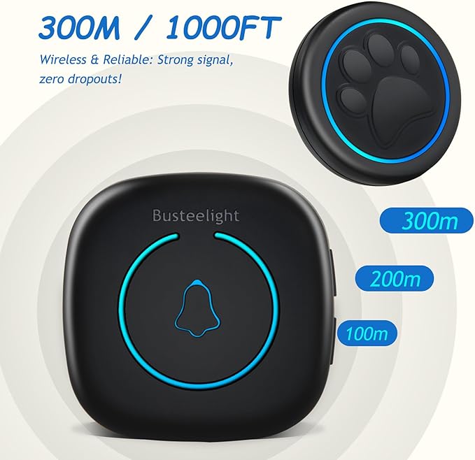 Soft Ring Blk Dog Bells to Go Outside - Wireless Dog Door Bell with 1000ft Range, 60 Melodies, LED, Waterproof Potty Training Bell for Dogs - Dog Door Bells for Potty Training(2 Receivers & 1 Bell)