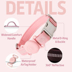 AirTag Holder Dog Collar for Large Medium Dogs, Adjustable Nylon Dog Training Collar with Quick Release Buckle, Reflective Heavy Duty Tactical Dog Collar with Handle (Pink M)