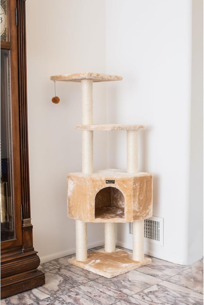 Cat Tower 3 Level Real Wood Kitten Tree - Beige Condo Perch Sisal Scratching Post 48" Tall