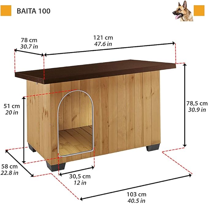 Ferplast Dog Kennel House BAITA 100 in FSC Wood, Insulating Plastic Feet, Aluminium Chew-Proof Door, Opening Roof