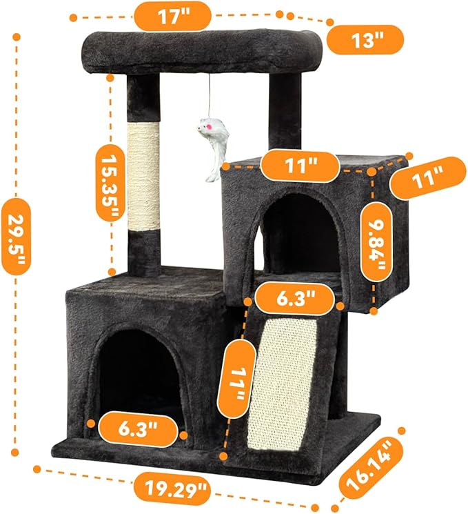 Cat Tree, 29.5 Inches Cat Tower with Dual Condos for Indoor Cats, Plush Cat House with Padded Perch, Scratching Ramp and Posts -Dark Gray