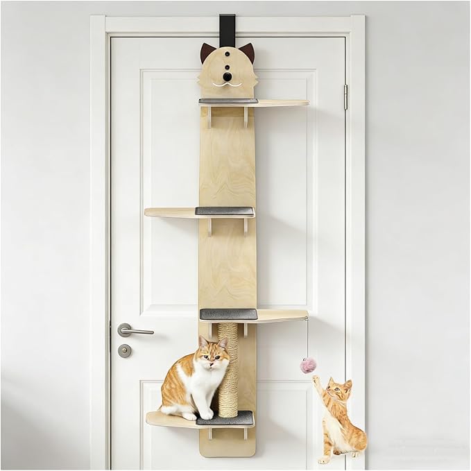 4-Levels Door Hanging Cat Climber Door Cat Tree, Door Hanging Cats Shelf Cats Ladder with Scratching Post Tease Cat Ball Easy to Install Space-Saving 16.54" x 9.06" x 66.93"