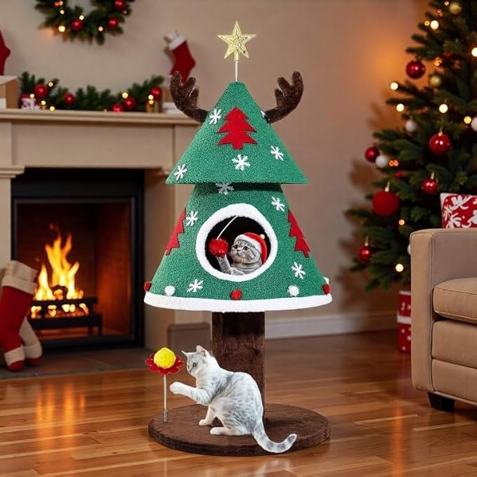 DWVO 47.2in Christmas Cat Tree for Indoor, Cat Tower Cute with Teaser Plaything, Holiday Kitty Climbing Furniture for Kittens to Play and Sleep