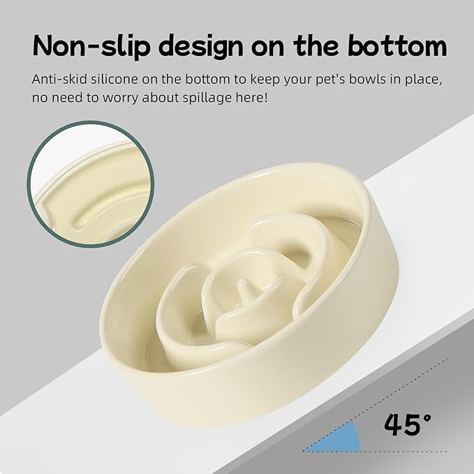 Ceramic 0.9 Cup Raised Dog Slow Feeder Set, Elevated Bowl with Wooden Stand for Small Dog and Cat, 6.1inch Puzzle Slow Dog Food Dish, Anti-Gulping(Light Yellow, Single Bowl+ Stand)