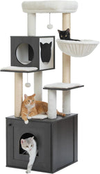 PETEPELA Cat Tree with Litter Box Enclosure, 2-in-1 Wood Cat Tower for Indoor Large Cats, 57.5'' Cat Condo with Scratching Posts, Cozy Hammock and Repalcable Dangling Balls, Black