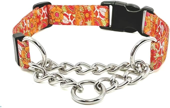 Martingale Dog Collar with Chain Stainless Steel, Nylon Dog Collar Flowers Pattern, Adjustable Training Walking Collar with Quick Release Buckle, Slip Chain Collar for Puppy Medium Large Dogs