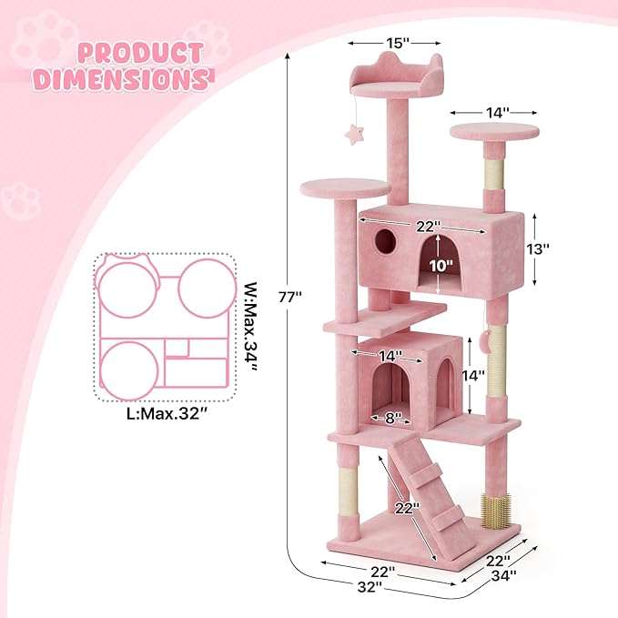Magshion Cat Tree 77" Cats Tower for Indoor Cats, Multi-Level Cat Condo with Scratching Post, Top Perch, Sisal Board and Dangling Ball, Cat Stand Jumping Platform Kittens Pet Play House (Pink)