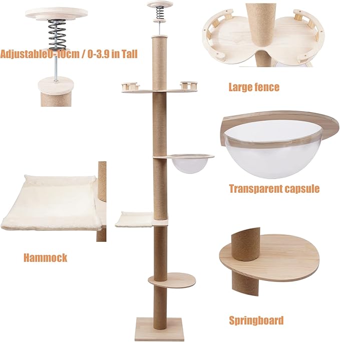 Floor to Ceiling Cat Tree, Adjustable Height(100.4-104.3'') Solid Wooden Tall Cat Tower for Indoor Cats with Springboard, Space Capsule, U-Shaped Hammock, Double Watchtower, for Indoor 33 LBS Cats