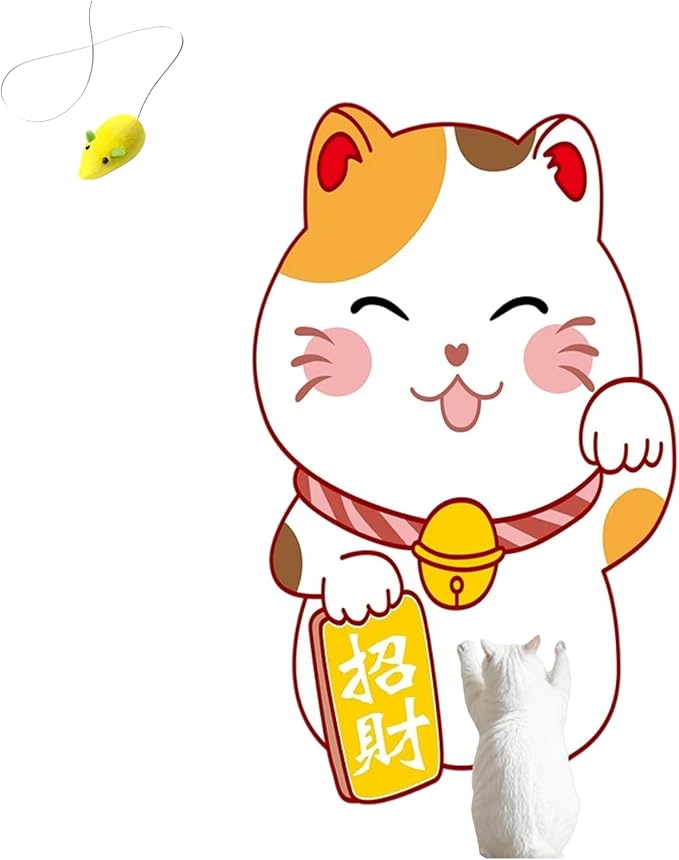 Wall-Mounted Cat Scratcher, 2025 Upgraded Indoor Cat Wall Scratcher — Self-Adhesive Double-Sided Tape, Trimable Scratching Surface, Suitable for Walls/Sofas/Floors (IncludesToy) (Lucky Cat)