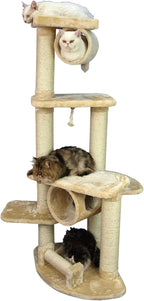 Cat Tree - 36x32x74 - Sisal & Faux-Fur - Tunnel, Toy & Perches - Beige