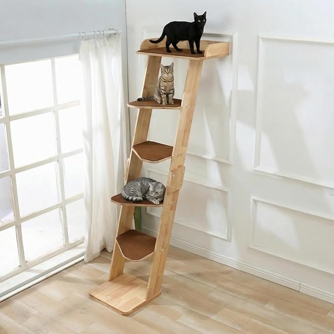 SHENGOCASE Modern 70" Tall Natural Wood 6 Level Leaning Cat Climbing Ladder Tree Tower with Large Perch Platform for Wall Window, Solid Wood Furniture for Multiple Cats