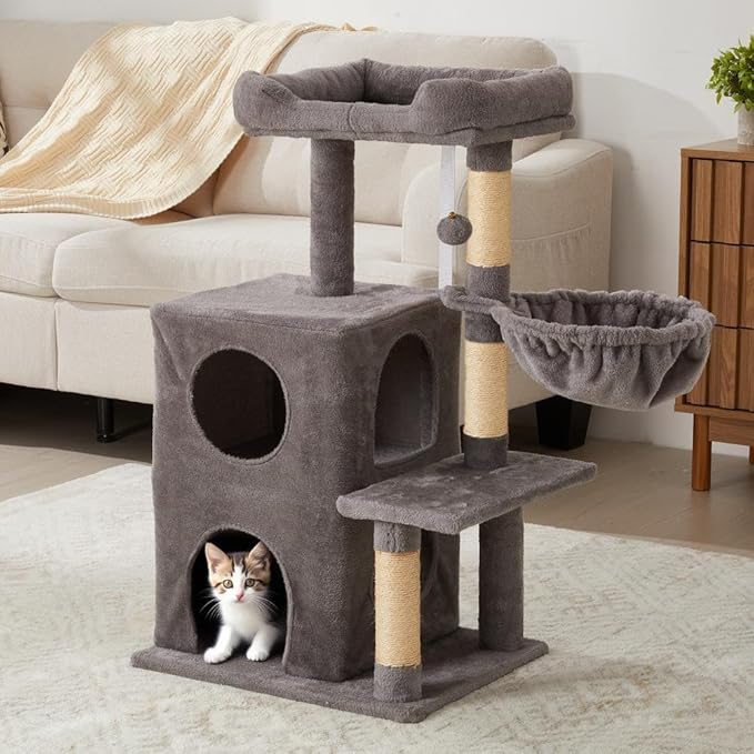 Multi-Level Cat Tree Tower for Large Cats with Scratching Posts, Condos, Perch, Hammocks & Toys, Cat Jungle Gym for Indoor Cats, Ideal for Multi-Cat Households, Gray