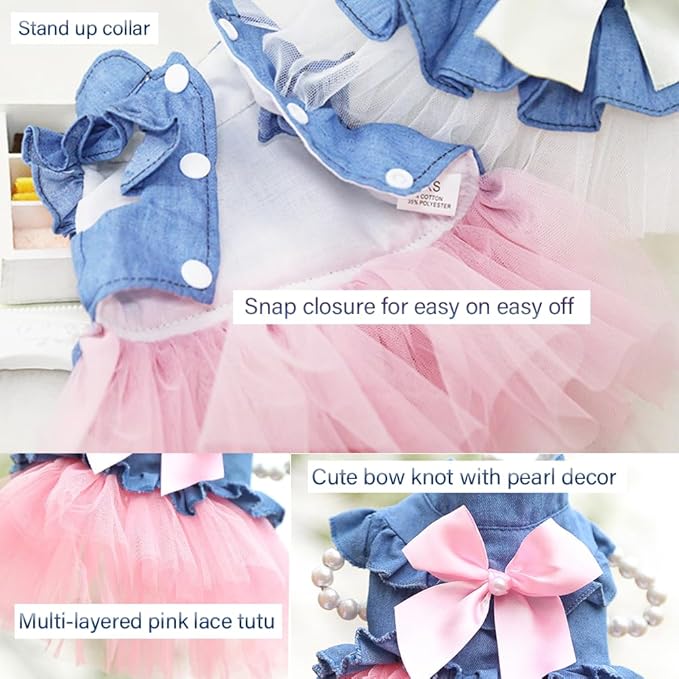 ANIAC Pet Denim Dress with Cute Bow-Knot Comfy Vest Skirt Lace Trim Tutu Summer Spring Clothes for Cats and Small Dogs (X-Small)