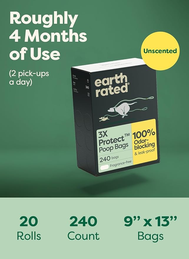 Earth Rated 3X Protect Dog Poop Bag Rolls, Odor Blocking Leak Proof Extra Thick, Unscented, 240 Count