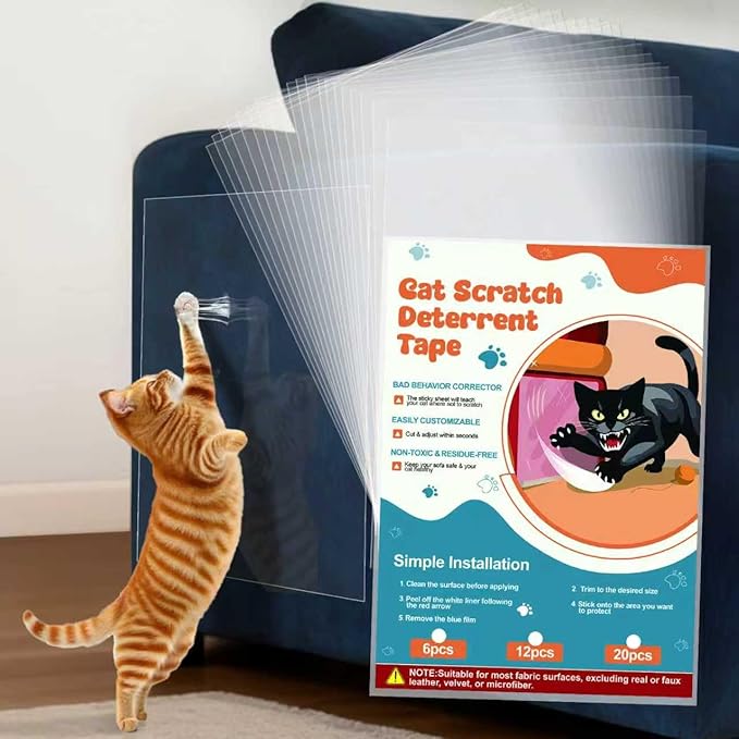 20 Pack Cat Scratch Furniture Protector – Double-Sided Sticky Deterrent Training Tape from Cat Claws, Clear Anti-Scratch Guard for Couch, Sofa, Doors, Easy Apply & Residue-Free, Not for Leather,Velvet