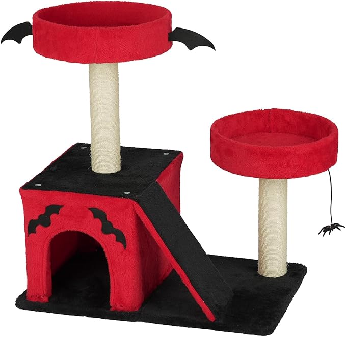 Gothic Cat Tree with Coffin Bed for Indoor Cats, 26" Gothic Cat Tree, Cat Tower with Spacious Cat Condo, 2 Padded Perches, Spider Toy, Scratching Posts, Scratching Ladder for Large Cats, Red & Black