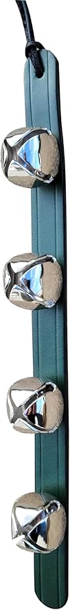 Rustic Red Door Co. Hanging Jingle Sleigh Bells on Leather Strap for Door Knob, Dog to Go Outside, Pet Puppy Potty Training, Christmas Decor, 4 Silver Plated, 14" Straip, Green