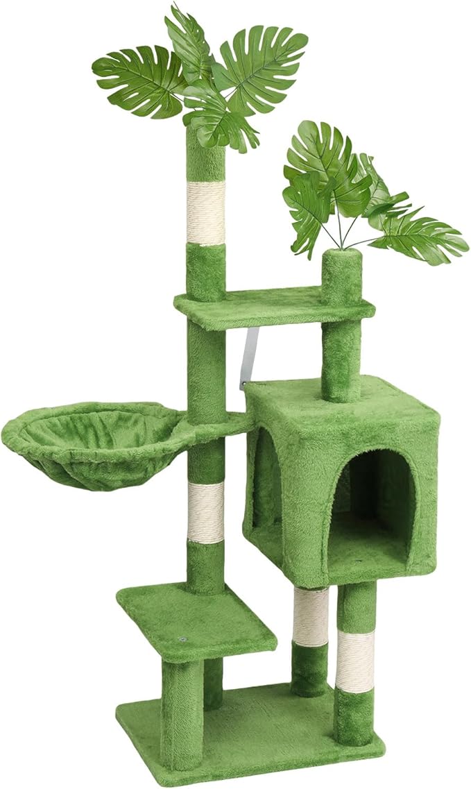 48in Plush Cat Tree with Leaves,Multi-Level Cats Tower,Large Pet Activity Center,with Sisal Scratching Post, Cat Condo, Padded Beds, Cozy Hammock,for Kittens and Indoor Cats (Green)