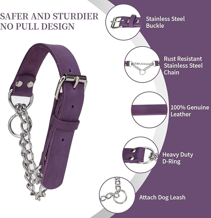 Martingale Collar for Dogs No-Pull Adjustable Training Collar with Stainless Steel Chain - Genuine Leather Anti-Slip Design for Small,Medium,Large Breed Dogs - Purple (M)