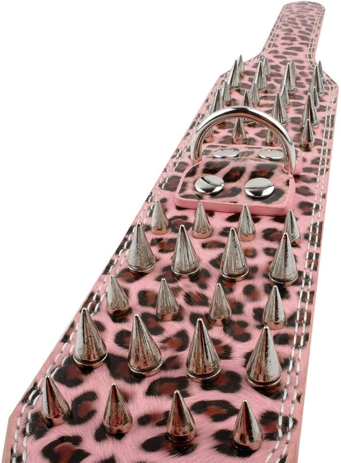 Studded Dog Collar, 3" Sharp Spiked Leather Dog Collar fit Training,Sports,Walking,Medium,Large,X-Large,for Pitbull,Labrador,Boxer (XL:21-24 inch, Leopard)
