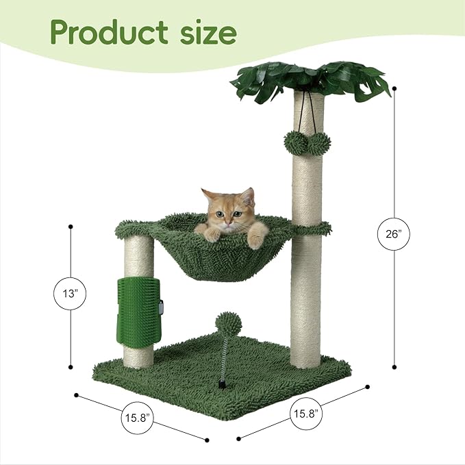 MECOOL Small Cat Tree Tower Scratching Post with Hammock for Indoor Kittens and Small Cats up to 7lb,Self-Massage Bursh Hanging Ball Toys,Monstera deliciosa Green