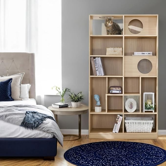 Bookcase Wooden Cat Tree, Natural Bookshelf Indoor Cat House Pet Furniture, Display Case with Storage, Cat Litter Box Enclosure Climbing Shelf