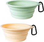 PetBonus 2-Pack Large Silicone Collapsible Dog Bowls, 34oz/1000ml BPA Free Portable Foldable Travel Bowl for Pet Cat, Food Water Feeding Dish for Camping with 2 Carabiners (Light Mint, Beige Cream)