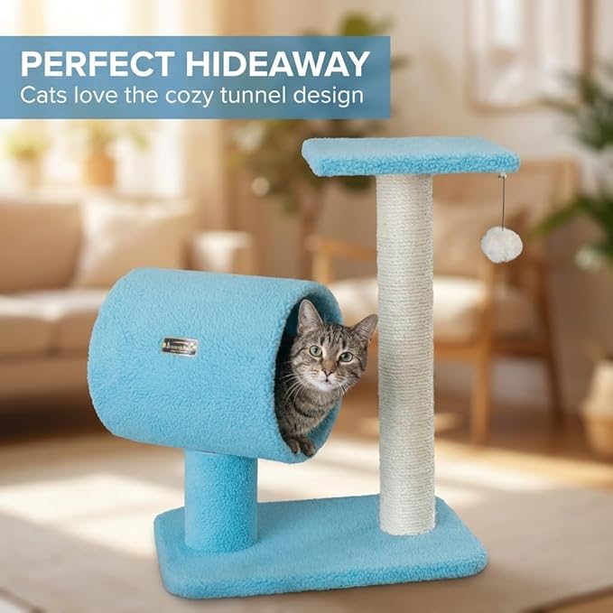 Cat Tree with Scratching Post and Tunnel, Blue Velvet, Natural Sisal Post, 24x14x26 Inches, with Hanging Toy Ball