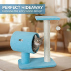 Cat Tree with Scratching Post and Tunnel, Blue Velvet, Natural Sisal Post, 24x14x26 Inches, with Hanging Toy Ball