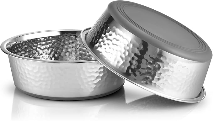 URBUDDIES 2 Pack Hammered Stainless Steel Dog Bowls, Premium Metal Dog Bowls with Non Slip Rubber Bottom, Dishwasher Safe, Easy to Clean, 4 Cup, Gray Bottom