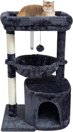 SYANDLVY Small Cat Tree for Indoor Cats, Cat Tower with Scratching Post, Modern Cat House with Padded Perch, Kittens Condo with Cradle, Smoky