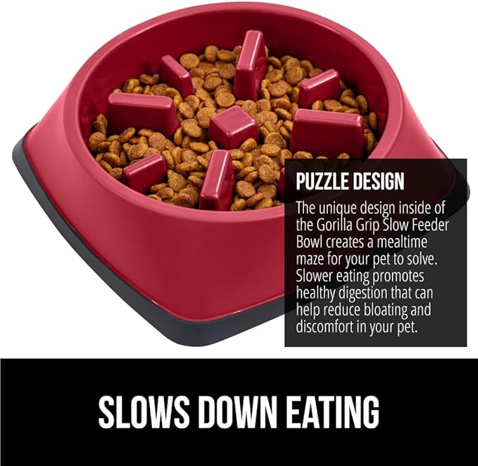 GORILLA GRIP Patented BPA Free Slow Feeder Dog Bowls, 4 Cup Interactive Puzzle Toy for Dogs and Cats Food Training Enrichment, Keeps Pets Busy and Prevents Puppy Overeating, Large Breeds, Red