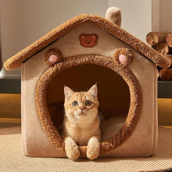 Cat Beds for Indoor Cats, Cute Bear Shape Cat Bed Cave, Pet House Cats Tent with Removable Cushion Pillow for Kittens Puppy Small Dogs (Brown, S-15.7x12.6x13.7in)