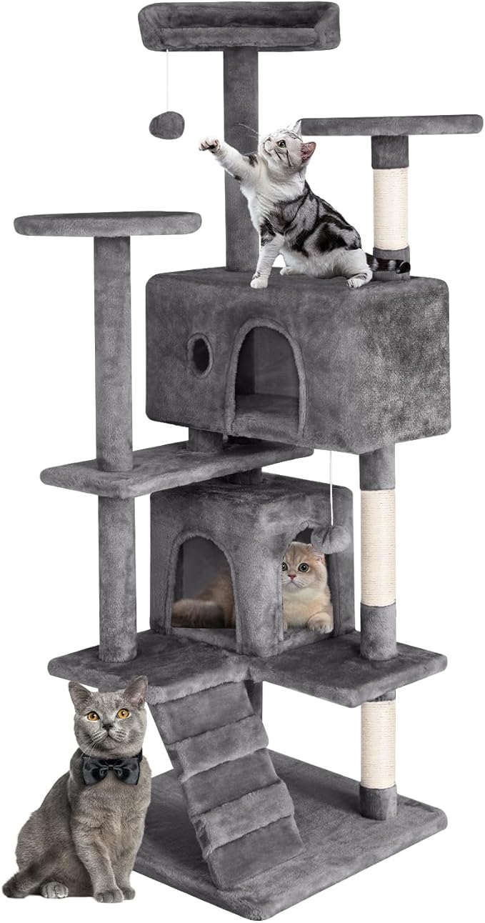 Cat Tree 53 inches Cat Tower for Indoor Cats Cat House with Replaceable and Removable Dangling Ball Cat Trees and Towers with Funny Toys, Light Gray