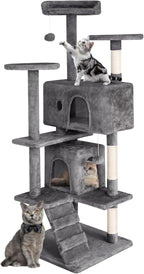 Cat Tree 53 inches Cat Tower for Indoor Cats Cat House with Replaceable and Removable Dangling Ball Cat Trees and Towers with Funny Toys, Light Gray