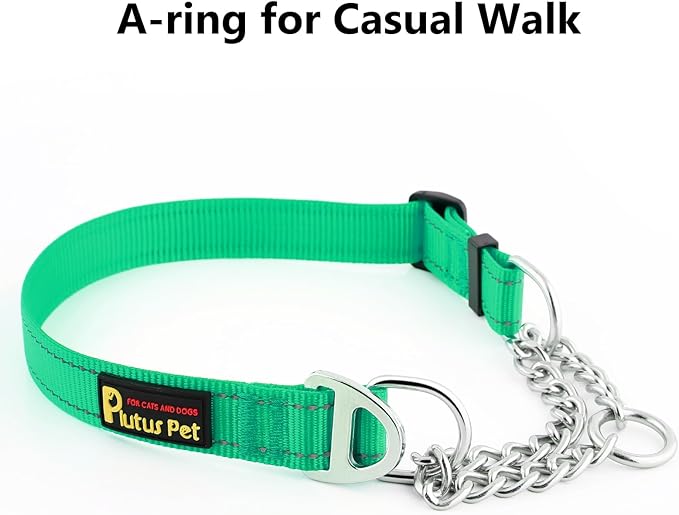 Plutus Pet Martingale Dog Collar with Stainless Steel Chain and Reflective Nylon, Adjustable No Pull Training Collar, for Small Medium, and Large Dogs, Green, S