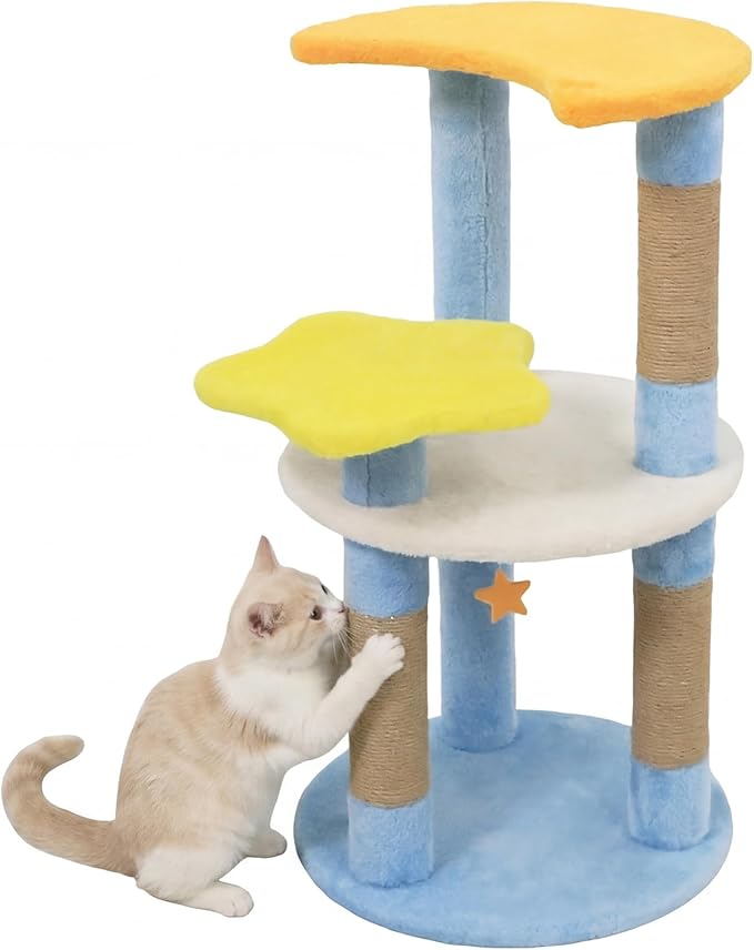 Tangkula Cute Cat Tree, 29 Inch Multi-Level Cat Tower with Jute Scratching Posts, Star & Moon Shaped Platforms, Perch Dangling Toy, Cat Climbing Furniture for Indoor Cats (Blue)