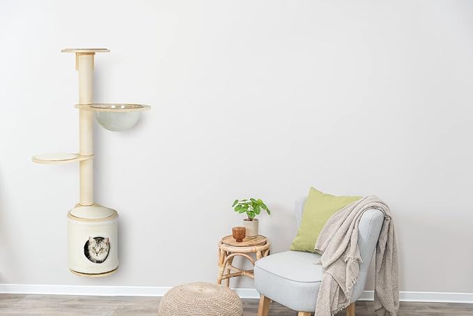 Trixie Mateo Wall Mounted Cat Tree – Jute & Plush Wall System with Hammock, Condo & Platforms – Compact Cat Furniture for Indoor Cats – Natural/White, 25.59" x 21.65" x 54.33"