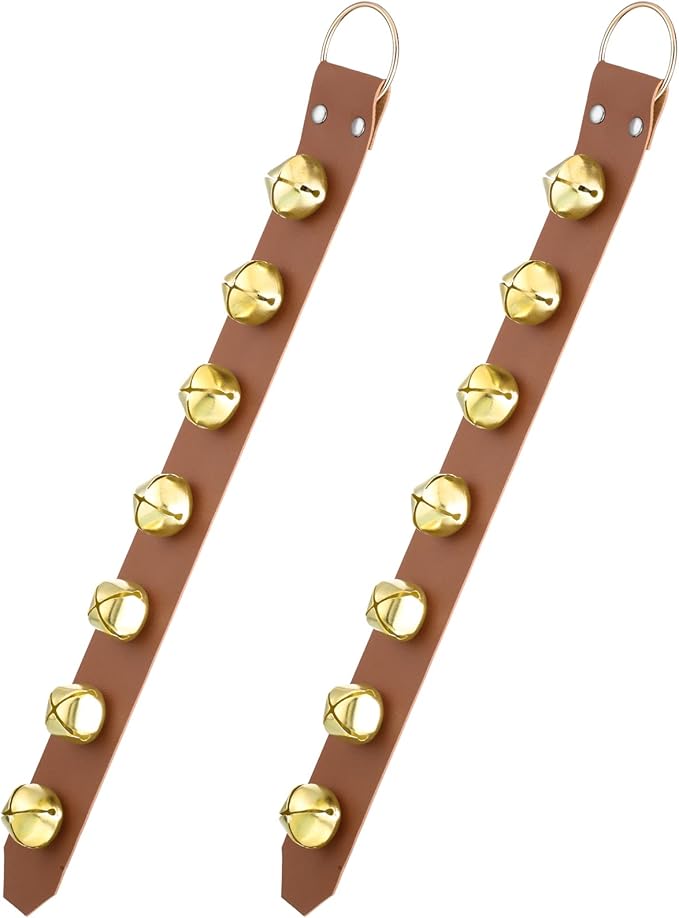Frienda Hanging Jingle Sleigh Bells 7-Bell Dog Doorbells for Door Knob Faux Leather Belts Go Outside Dog Bells Christmas Decor and Holiday Decorations, 18.7 x 1.8 x 1 Inches(Light Brown with Gold)