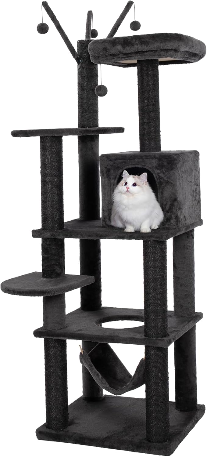 KAMABOKO Gothic Cat Tree, 73.6in Black Cat Tower with Coffin Bed, Big Tall Cat Condo with Sisal Scratching Posts, Scratching Ramp and Comfort Basket for Indoor Cats