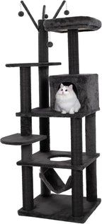 KAMABOKO Gothic Cat Tree, 73.6in Black Cat Tower with Coffin Bed, Big Tall Cat Condo with Sisal Scratching Posts, Scratching Ramp and Comfort Basket for Indoor Cats