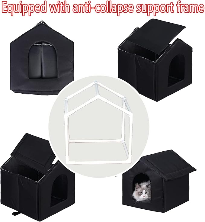 Cat Houses for Outdoor Cats, Weatherproof Outdoor House for Feral Cats, Warm Stable Stray Cats Shelter in Winter Black Large