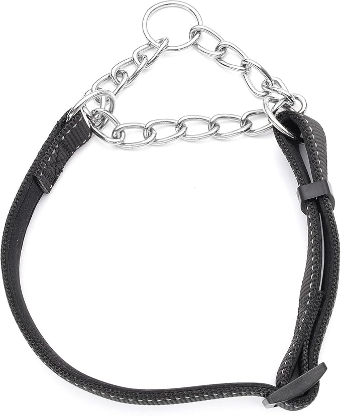Martingale Dog Collars Adjustable Soft Nylon Reflective Collars with Stainless Steel Chain Walking Training Collars Heavy-Duty Puppy Chain Collars for Small,Medium,Large Dogs(Black,S)