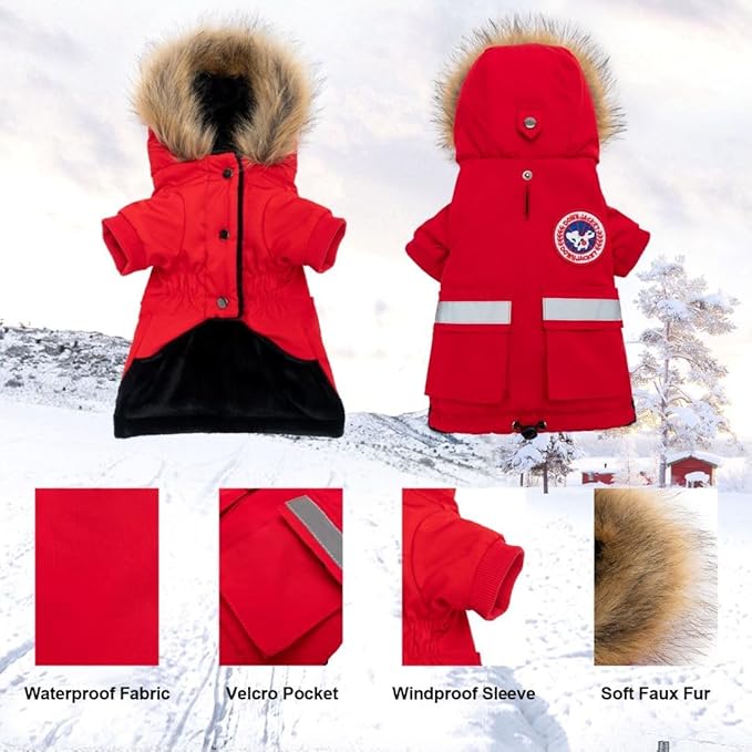 PINA Small Dog Coats - Waterproof, Warm Winter Jacket with Faux Fur Hood, Windproof Reflective, Flannel Lining