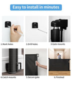 Retractable Baby Gate for Doorways and Stairs, Mesh Safety Gate for Pet, Indoor & Outdoor Use, One-Hand Operation, Easy Installation, 33.6" Tall, Expands to 55" Wide（Black,33.6"x55"