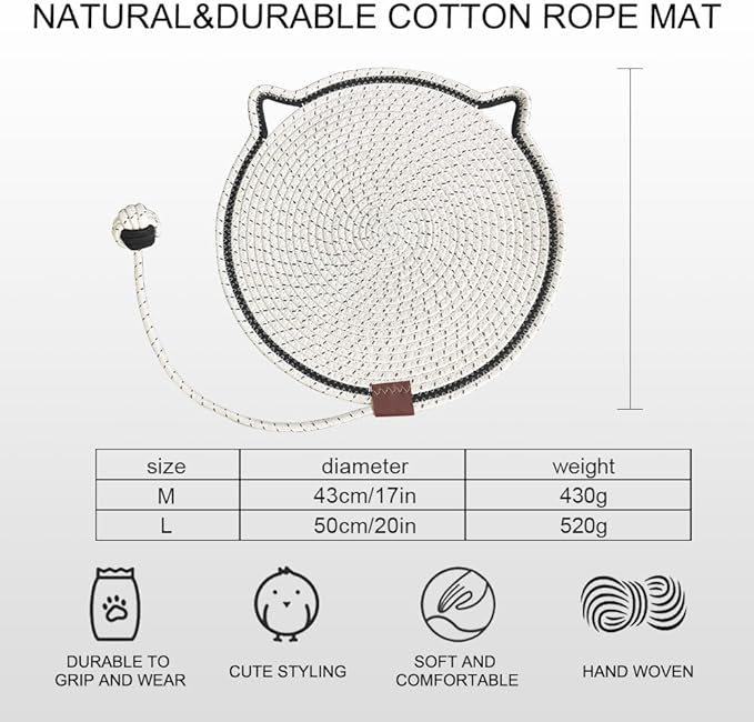 Personalized Cat Scratcher Mat, Customized with Name Text Natural Cotton Rope Round Horizontal Cat Scratching Pads with Ball Toy, Cat Furniture Protector for Wall, Couch, Carpets, Sofa (White)