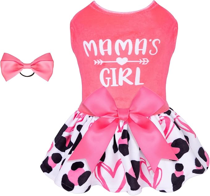 CuteBone Dog Dresses Velvet Mama's Girl Small Dogs Clothes Onesie Pet Apparel Girl Puppy Skirt with Bow Hair Rope CVA40XXS-D